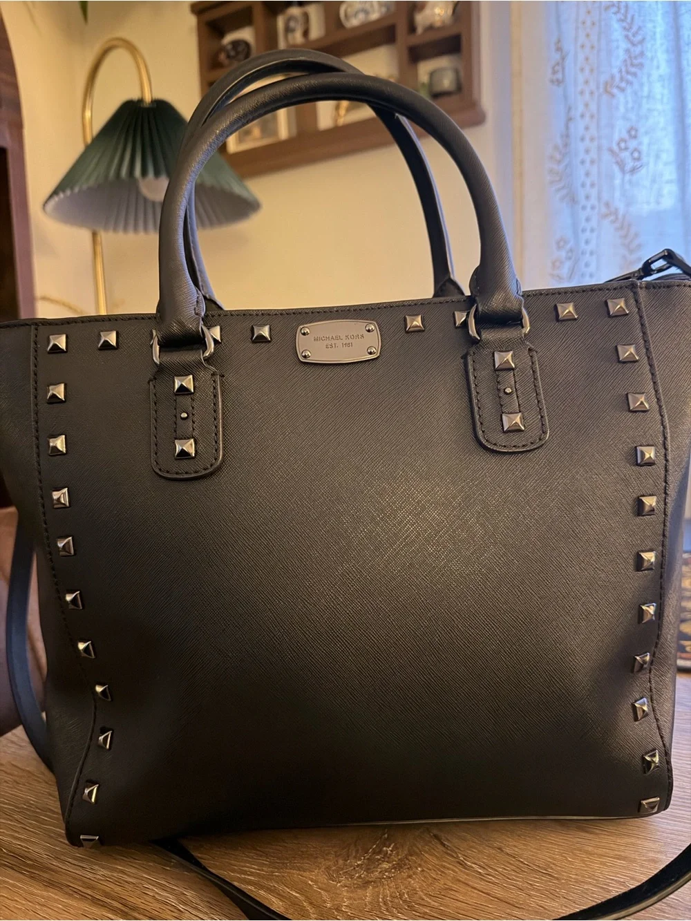 Michael Kors Black Tote Saffiano Studde Leather Satchel with Gold Hardware